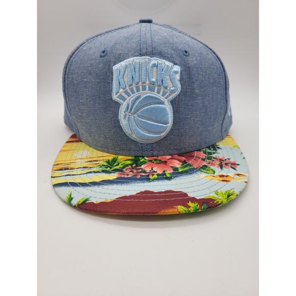 New Era NY Knicks Hardwood Classics 9Fifty Blue Denim Floral Strapback Hat M/L - Picture 1 of 10